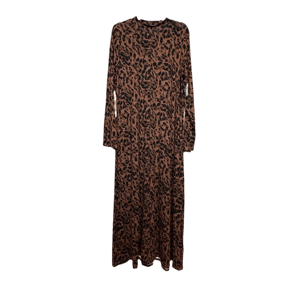 NWT Old Navy Dress XL Brown Leopard Print Long Sleeve Mock Neck Maxi Jersey Knit